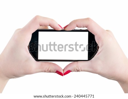 Heart shape hands and blank screen on mobile phone,isolated on white