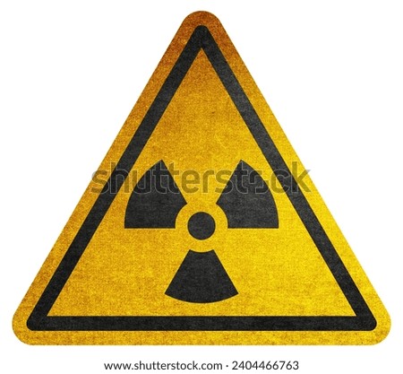 Yellow triangular sign. Grungy style danger sign with radioactive warning sign. Rusty. Warning. Caution. Hazard. Danger. Worn out. Radioactivity symbol. Atomic. Atom.