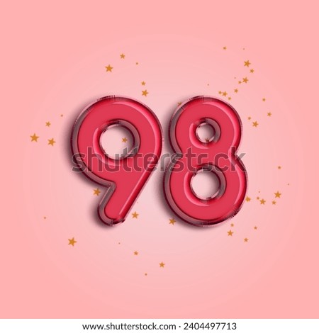 Anniversary number 98 foil pink balloon. Happy birthday, congratulations poster. Pink balloon number with glitter stars decoration. Vector background.