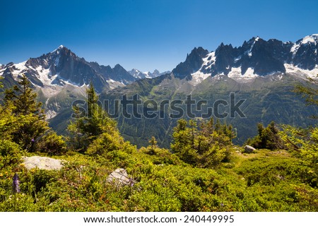 View of the Mont Blanc mountain range above Chamonix ski resort in France