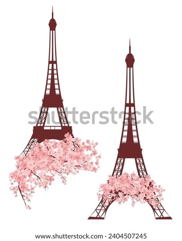 spring Paris vector design set - eiffel tower silhouette among sakura flower branches decor