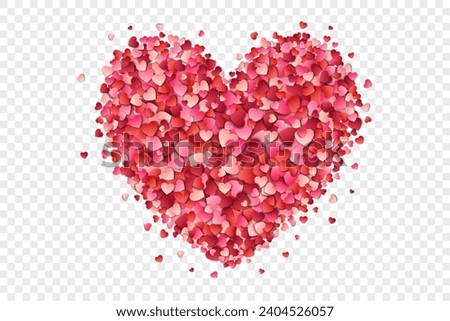 Heart figure made from paper confetti red and pink hearts on a transparent background. Happy Valentine's Day. Heart confetti for Women's Day. Design element for Valentine’s Day.