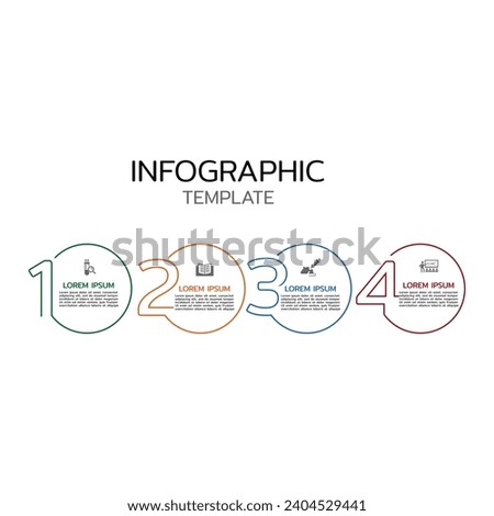 Thin line business infographic with text and icons. Four elements connected with text boxes and icons.