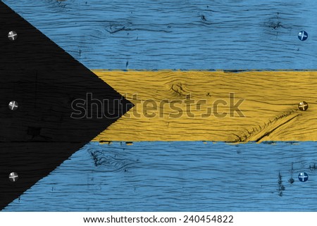 Bahamas national flag. Painting is colorful on wood of old train carriage. Fastened by screws or bolts.
