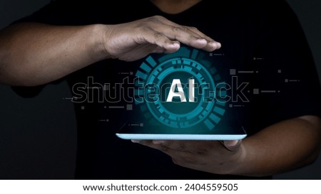 Ai tech, Artificial Intelligence, businessman open digital technology concept, connect to internet and robot, using command prompt for generates somet