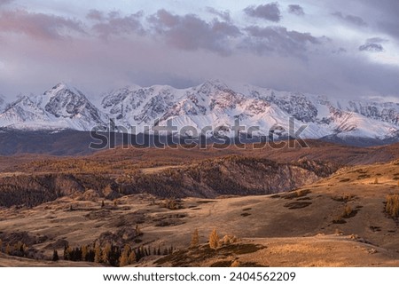 Altai Republic. North Chuysky ridge. Mountains covered with snow during sunrise. Mountain landscape. 