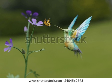 flying Hummingbird With Purple Flowers and Butterfly HD Nature photo