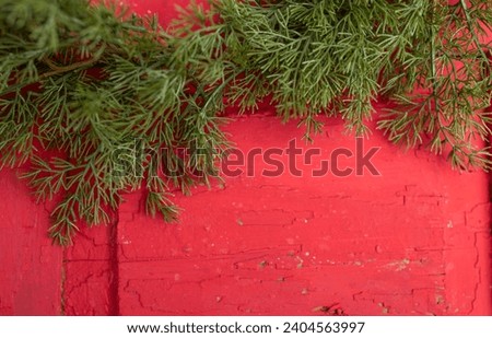 Christmas wood red background with christmas fir branch, top view. Copy space.