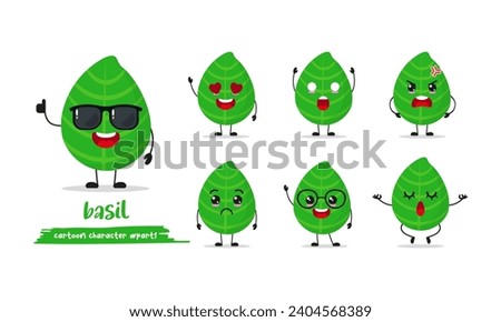 cute basil cartoon with many expressions. ingredient character different activity pose vector illustration flat design set with sunglasses.