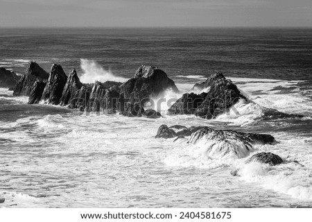 Classic black and white image of crashing waves on rock formations offshore on the Pacific Ocean central Oregon seacoast.