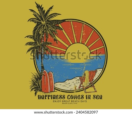 Surfing board and chair. Sunny day at the beach. Ocean wave. Palm tree  print artwork. Good vibe long beach. Sunshine beach club graphic print design for t shirt print, poster, sticker and other uses.