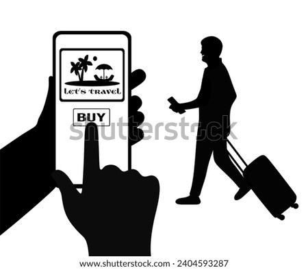 "SHOTLISTtravel". Human hands holding a cell phone and buying a ticket online. Silhouette of happy man walking and holding ticket and suitcase.