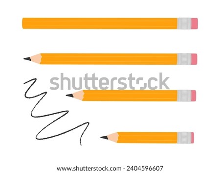 Set of yellow Pencils in various sizes from new to many used. Artistic pencil with cleaning eraser, soft rubber or plastic. Back to school, teacher's day concept. Drawing stationery tool. Flat Vector