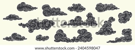 Set of clouds in hand drawn vintage retro style. Cartoon design elements. Vector illustration.
