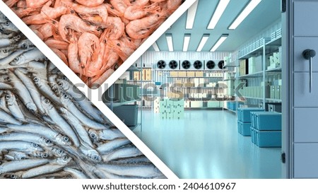 Industrial freezer for fish. Frozen seafood products near cold storage warehouse. Supermarket refrigerator with shrimp in boxes. Freezing equipment for storing fish. Cold refrigerator storage Royalty-Free Stock Photo #2404610967