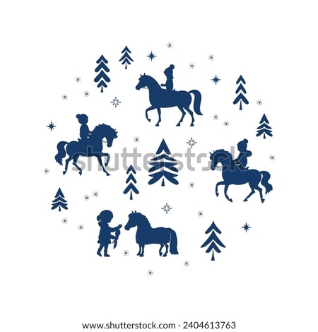 Silhouettes of children riding ponies in a winter park