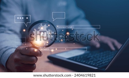 Searching for information in technology with AI systems concept, Businessman holding magnifying glass with command prompt, chat and AI search engine for data by connect to global internet network.