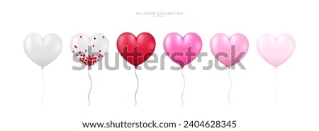 3D realistic heart shape air balloons set, Valentine day, Birthday design, Wedding anniversary background. Party, Festive romantic decoration element. Glossy helium balloon, Flat vector illustration.