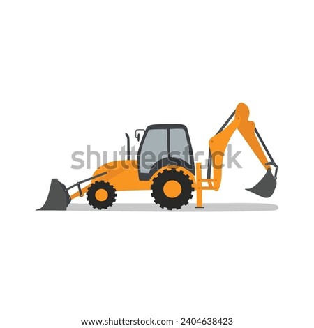 Backhoe loader flat vector illustration isolated on white background. Construction equipment clip art in cartoon style. Kid drawing. Hand drawn.