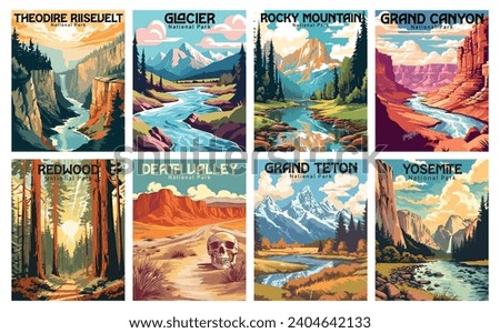 National Parks Vector Art Set: Mount Rainier, Denali, Crater Lake, Yellowstone, Hawaii Volcanoes, Wrangell St Elias, Acadia, Yosemite Royalty-Free Stock Photo #2404642133