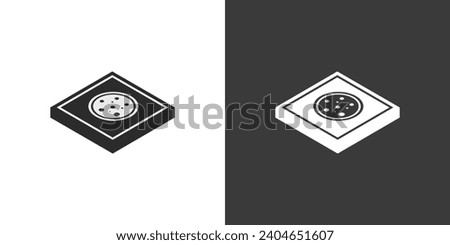 Pizza Box Isometric Icon. A box of pizza black Silhouette on White Background and Inverted White on Black. Vector Design for a Clean Aesthetic. Pizza box icon simplistic Illustration Minimalist Style