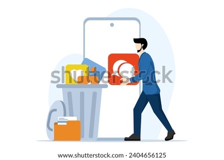 Concept of character cleaning cell phone from junk files. people delete documents with software. Users delete folders with documents, photos, videos, games to the trash, clear the cache. vector. Royalty-Free Stock Photo #2404656125