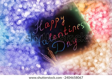 Greeting card with text, Happy Valentines Day. Art scratch paper for message, glittering blurred colorful background
