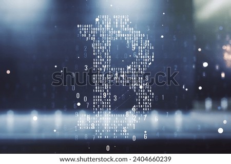 Double exposure of creative Bitcoin symbol hologram on contemporary business center exterior background. Mining and blockchain concept