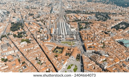 Florence, Italy. Central railway station (Stazione Ferroviaria Firenze Santa Maria Novella) Panoramic view of the city. Summer, Aerial View   Royalty-Free Stock Photo #2404664073