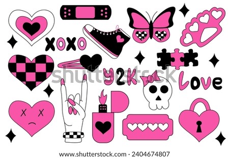 Set of emo elements. Y2k style. Hearts in chessboard, blade, hairpin, brass knuckles, rock sign, sneakers, butterfly, skull, lighter. Black and pink. Royalty-Free Stock Photo #2404674807