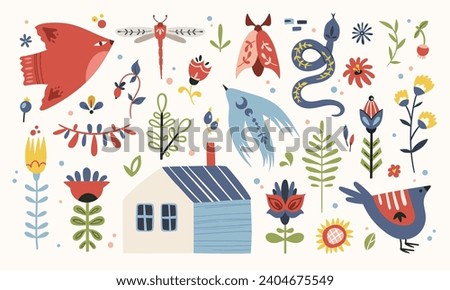 Folk hygge clip arts vector set in Scandinavian style, nordic isolated designs on white. Collection of classic ethnic elements. Scandi folk motifs - birds, flowers, moth, leaves, house, snake