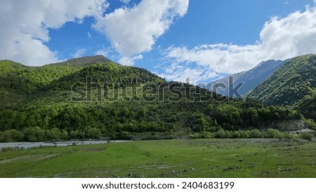 Gorgia Tbilisi Gudauri Road Natural scenery Great Views blue sky and clouds  mountain trees  Red Yellow flower green leaf land screen background wallpapers HD travel and holidays river with water