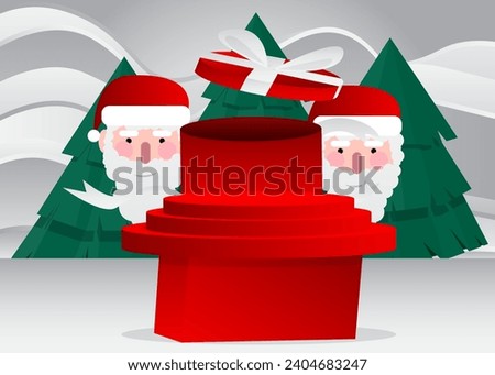 Christmas mockup product display with Santa Claus, pine tree and gift box. Vector cylinder holiday pedestal podium. Stage showcase for Festive presentation. Minimal geometric forms.