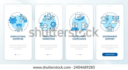 2D icons representing competences and capabilities within agri-food clusters mobile app screen set. Walkthrough 4 steps blue graphic instructions with linear icons concept, UI, UX, GUI template. Royalty-Free Stock Photo #2404689285