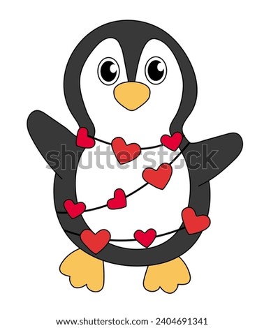 Cartoon Valentine day Penguin character. Cute Penguin in garland heart. Vector flat illustration.