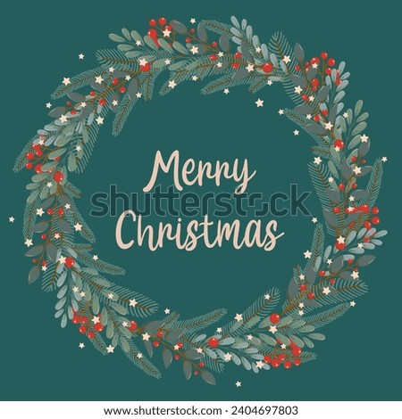Winter square festive card on green background with floral wreath and text Merry Christmas in flat vector style. Christmas tree branches, red berries, stars. Holiday seasonal decoration.