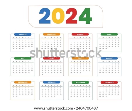 2024 Calender colorful one page calender Vector Royalty-Free Stock Photo #2404700487