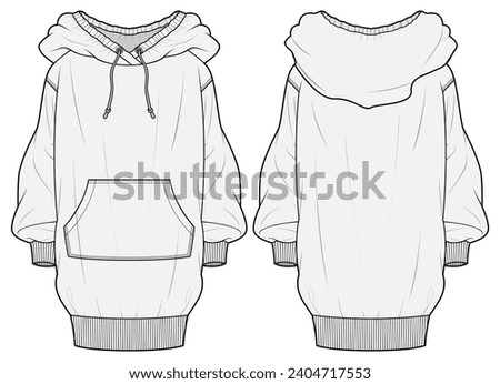 Rib Hem Drop Shoulder Oversize long Hoodie  Front and Back View. Fashion Illustration, Vector, CAD, Technical Drawing, Flat Drawing, Template, Mockup.