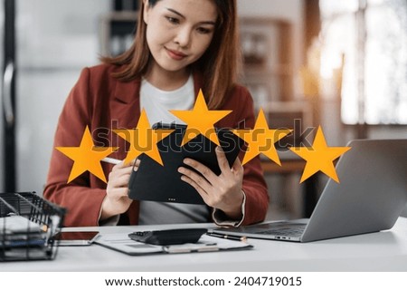 Satisfaction concept. Woman choosing with tick five star rating on Tablet, 