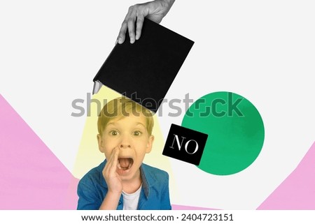 Collage picture of black white colors arm hold opened book naughty boy scream no refuse read isolated on drawing background