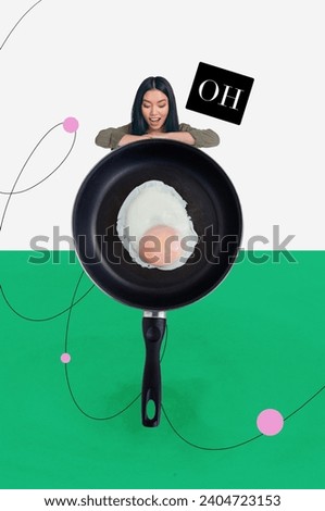 Vertical collage picture of astonished mini girl look big pan cooking fried egg isolated on painted divided white green background