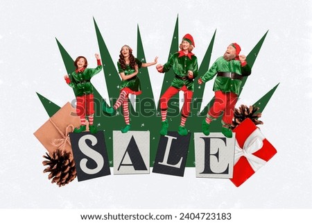 Creative collage picture four happy funny funky elfs girl guy child grandfather dance sale presents noel xmas white background