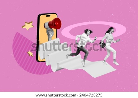 Composite collage picture image of funny female running together display smartphone black friday freak bizarre unusual fantasy billboard