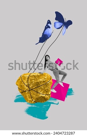 Composite collage image of funny female butterflies flying pulling rock effort overcome surreal weird freak bizarre unusual fantasy Royalty-Free Stock Photo #2404723287
