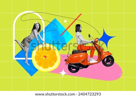 Collage banner creative summer advert of young two girls promoting orange fruit juice riding motorcycle isolated on green plaid background Royalty-Free Stock Photo #2404723293