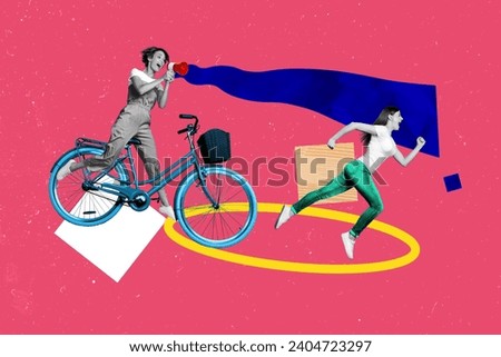 Collage photo of motivation coach sportswoman with megaphone ride bicycle and scream the runner run faster isolated on pink background