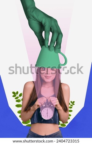 Vertical collage picture of green arm hold put coffee mug excited mini girl head bell ring clock plant leaves isolated on creative background