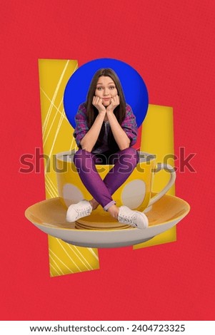 Vertical collage image of unsatisfied mini girl sitting big coffee mug isolated on painted red paper background