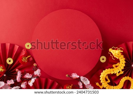 Happy Chinese New Year 2024. Top view photo of gold dragon, paper fans, lucky coins, decorative elements, sakura on red background with blank circle for promo or text