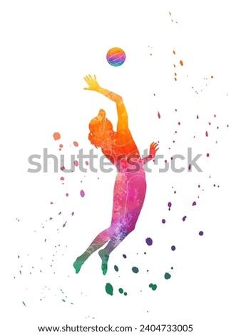 A girl plays volleyball on the beach. Vector illustration. Sketch for creativity.